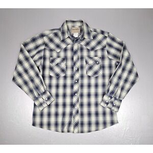 Vintage Wrangler Pearl Snap Button Up Shirt Mens Large Plaid Sawtooth Blue Green